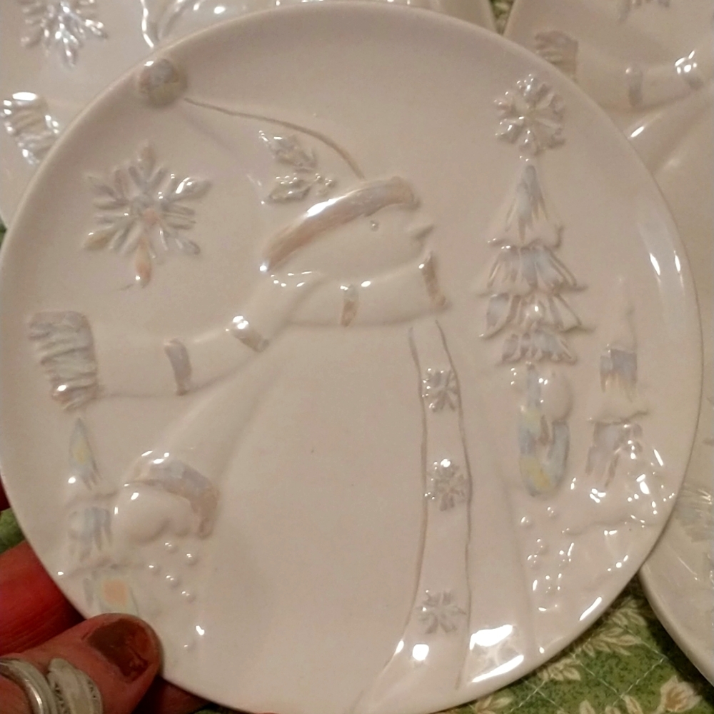 Bella Casa snowman picture with  trees and snowflake saucer size plates.